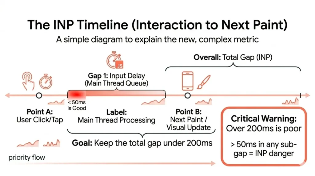 Diagram explaining the INP timeline from user click to next paint, highlighting input delay, total gap, and critical warning on delays over 200ms.