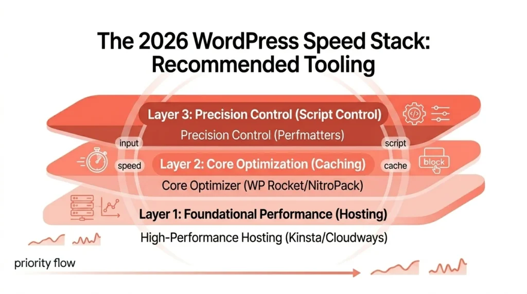 Diagram of the 2026 WordPress Speed Stack with three layers: Hosting, Core Optimization (Caching), and Precision Control (Script Control).