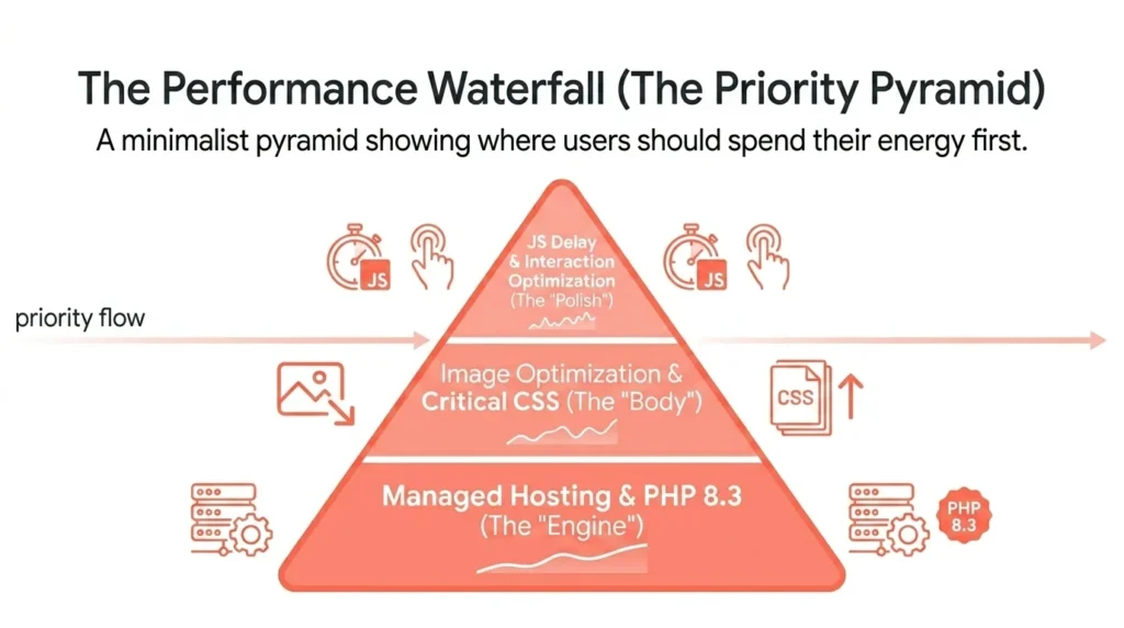 Minimalist pyramid showing priority flow for performance: Managed Hosting & PHP 8.3 (Engine), Image Optimization & Critical CSS (Body), JS Delay & Interaction Optimization (Polish).
