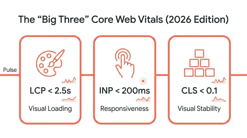 Diagram of the "Big Three" Core Web Vitals for 2026: LCP < 2.5s (Visual Loading), INP < 200ms (Responsiveness), CLS < 0.1 (Visual Stability).