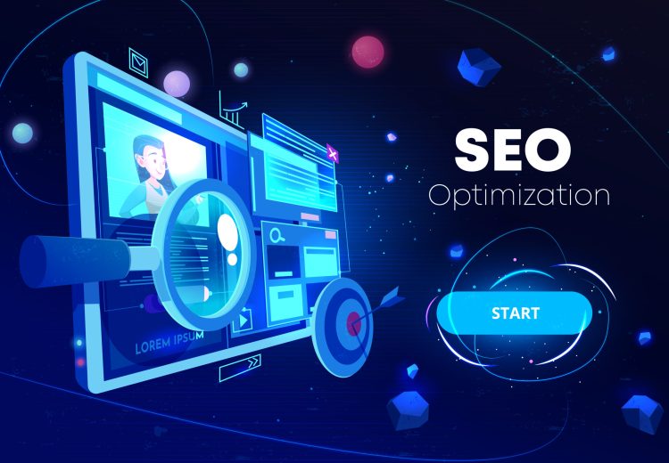 Seo optimization banner, marketing business technology, monitor with data analysis platform on screen, website research, neon glowing futuristic background. Cartoon vector illustration, landing page